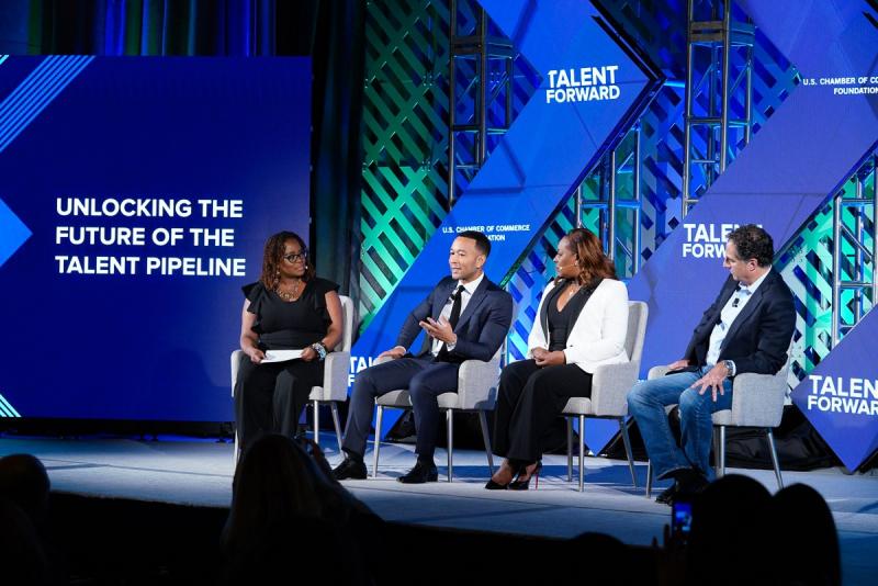 Founder of FREEAMERICA John Legend, Andrew Plepler of Bank of America, and Topeka Sam of Unlocked Futures, moderated by Tulaine Montgomery of New Profit on the Unlocked Futures panel at Talent Forward 2019. 