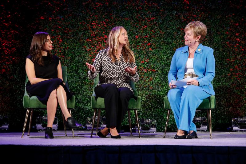 Danielle Gould, Founder and CEO of Food+Tech Connect, Nicole Davis, Senior Innovation Manager, Our Brands at Kroger and Leslie Sarasin, President and CEO of Food Marketing Institute (FMI) talk about mapping consumer trends at the U.S. Chamber of Commerce 