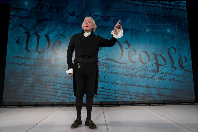 Thomas Jefferson, portrayed by Bill Barker of Monticello, speaks during a civics event at the U.S. Chamber Foundation in Washington, D.C.